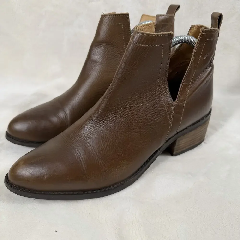 Diba Brown Leather Cutout Ankle Boots Women’s 9.5 Western Chelsea Block Heel